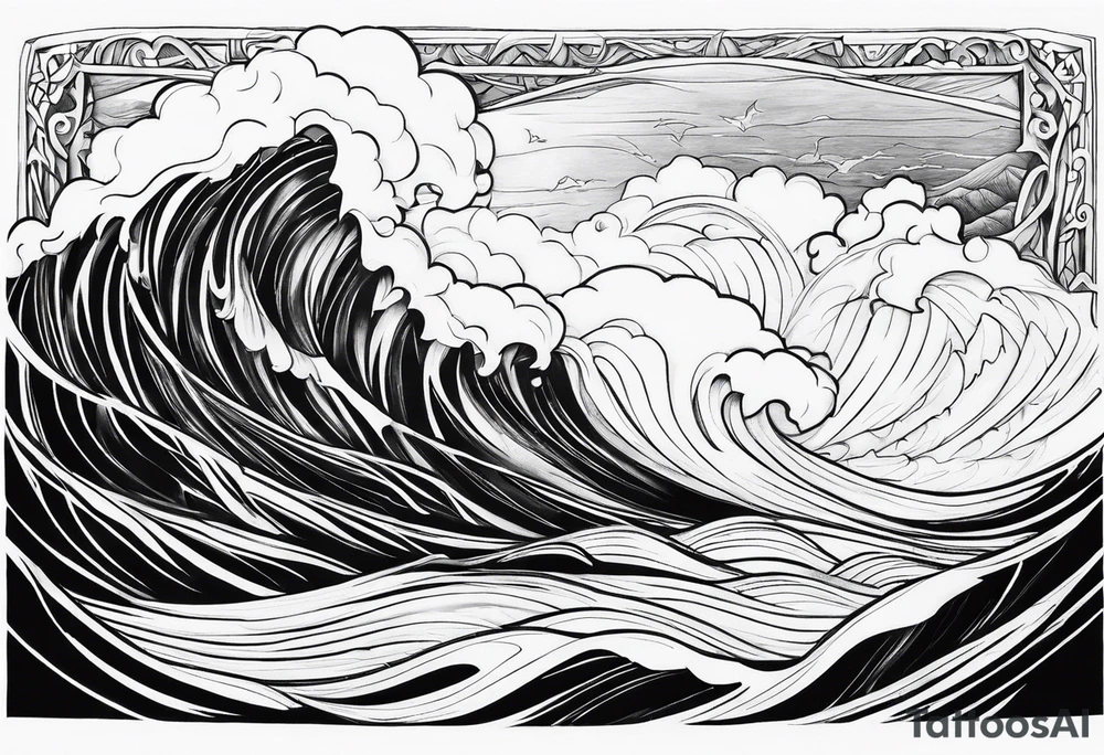a dimaond windows with waves crashing on a mountain. 3 stars in the sky tattoo idea