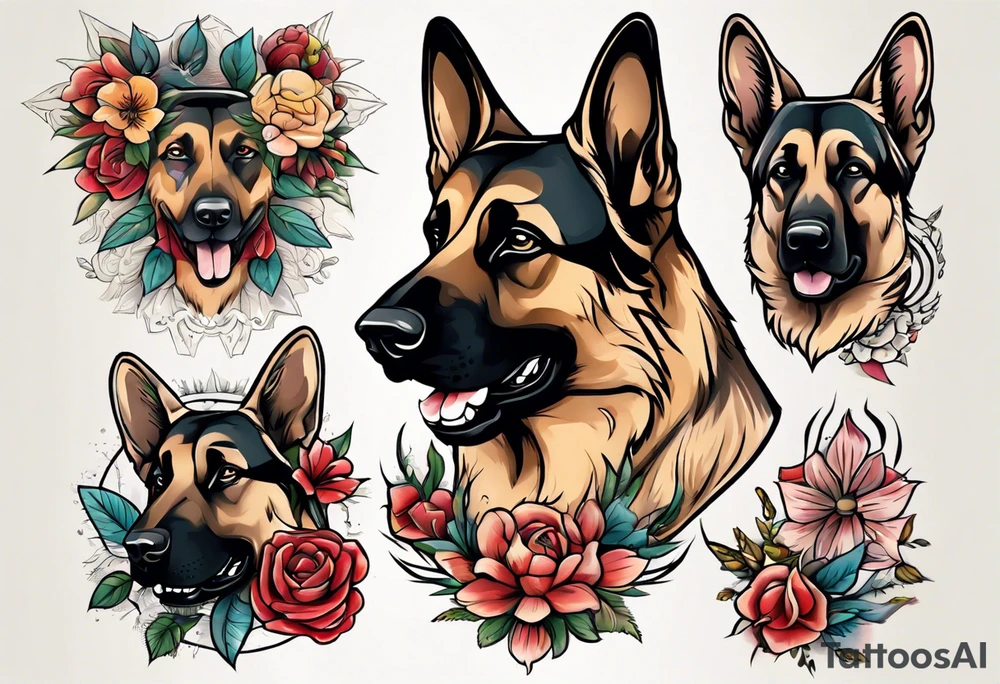 German shepherd portrait flowers tattoo idea