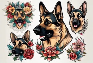 German shepherd portrait flowers tattoo idea
