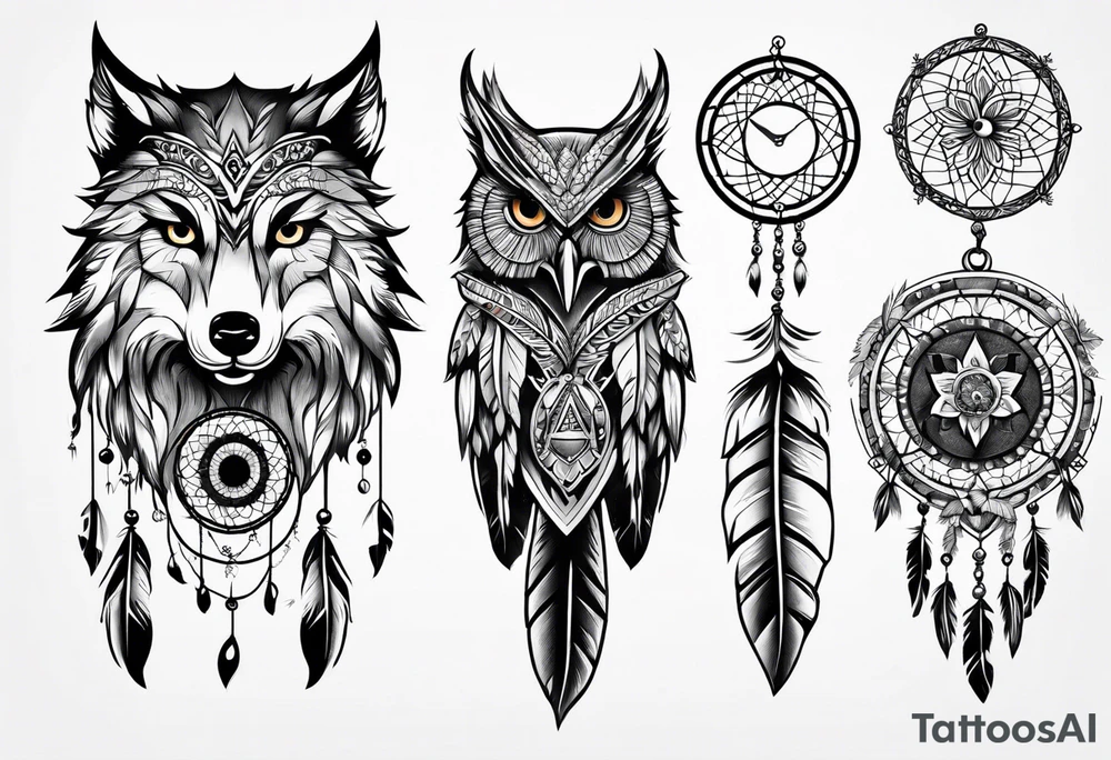 full sleeve with owl, wolf, beaver, and dream catcher tattoo idea