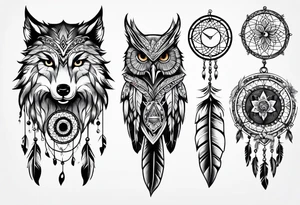 full sleeve with owl, wolf, beaver, and dream catcher tattoo idea