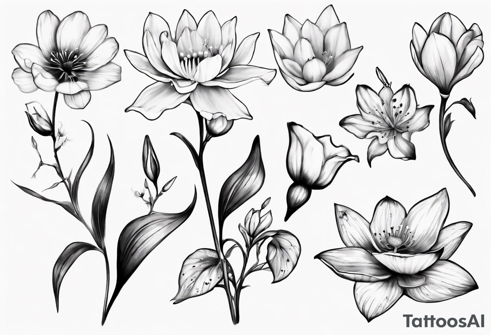 Make a tattoo with Cosmos flower, lily Of the valley, water lily, snow drop, and morning glory tattoo idea