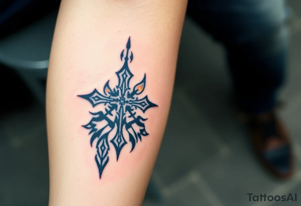Campfire with cross include the great outdoors and night sky make sure cross doesn't look like it is on fire tattoo idea