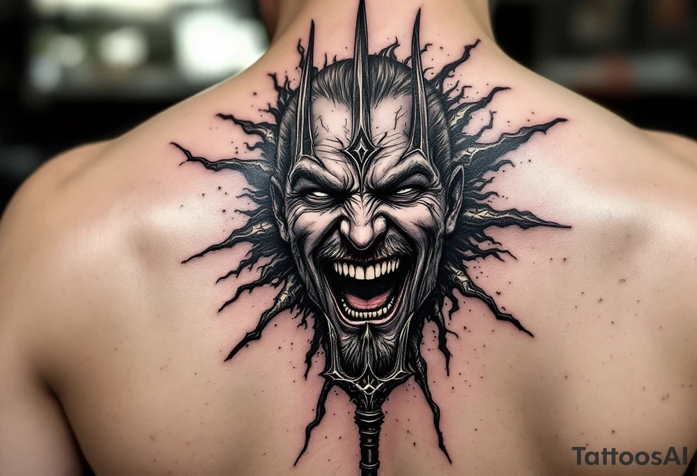 laughing man face behind trident tattoo idea