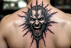 laughing man face behind trident tattoo idea