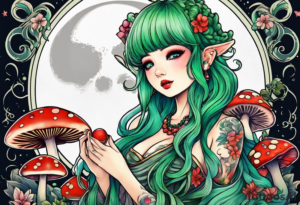 fairy with green hair, eating a mushroom under the moon, tripping balls tattoo idea