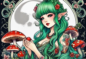 fairy with green hair, eating a mushroom under the moon, tripping balls tattoo idea
