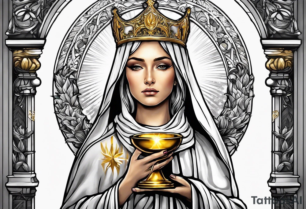 holy saint woman turned away with golden halo holding a chalice tattoo idea
