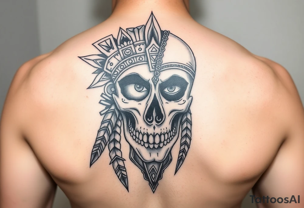 Half skull half face modern lady Aztec warrior sad but strong tired but still going tattoo idea