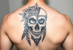 Half skull half face modern lady Aztec warrior sad but strong tired but still going tattoo idea