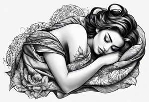 girl sleeping in fabric of reality blanket tattoo idea