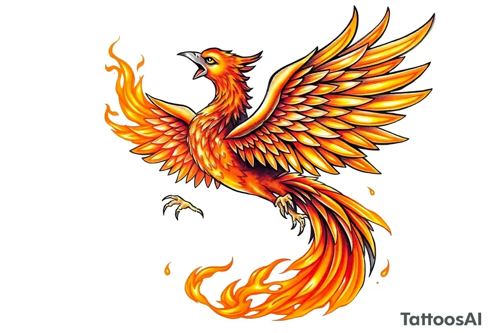 magnificent phoenix rising from golden flames with trailing embers tattoo idea