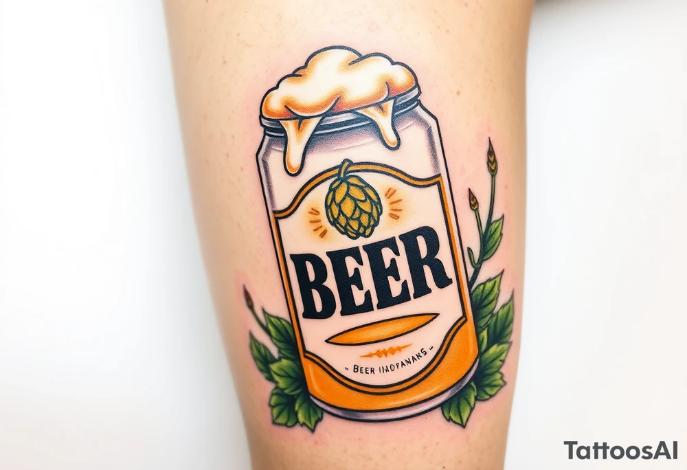 A vintage-style beer can with a retro label, featuring bold typography, a golden hop emblem, and subtle weathered textures. The can is slightly tilted, with frothy foam dripping over the top, and surrounded by barley stalks and hop vines in warm amber, deep green, and rustic brown tones tattoo idea