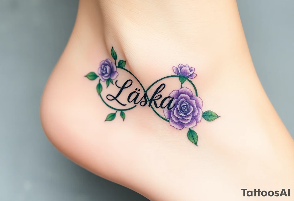 A floral infinity symbol in soft lavender and green, with "Láska" seamlessly entwined between delicate blooming roses tattoo idea