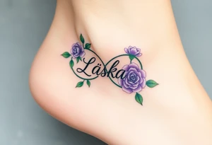 A floral infinity symbol in soft lavender and green, with "Láska" seamlessly entwined between delicate blooming roses tattoo idea