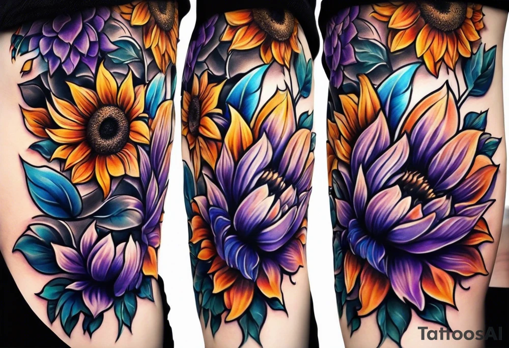 Full leg sleeve with purple, orange and blue sunflowers tattoo idea