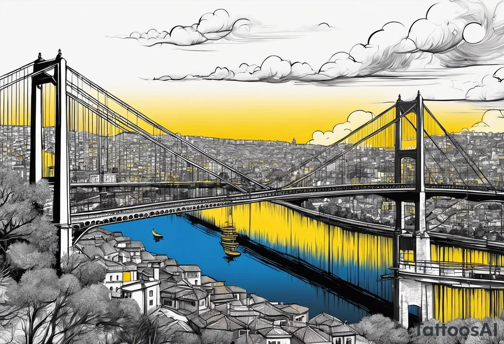Istanbul bridge with blue details and behind them a big yellow canary tattoo idea