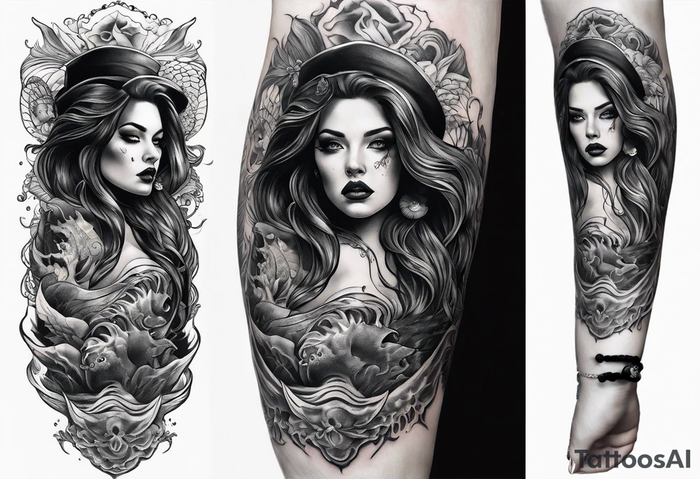 Full-body portrait of a beautiful Eldridge horror woman of the sea tattoo idea