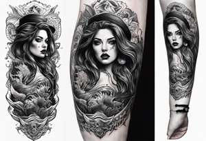 Full-body portrait of a beautiful Eldridge horror woman of the sea tattoo idea