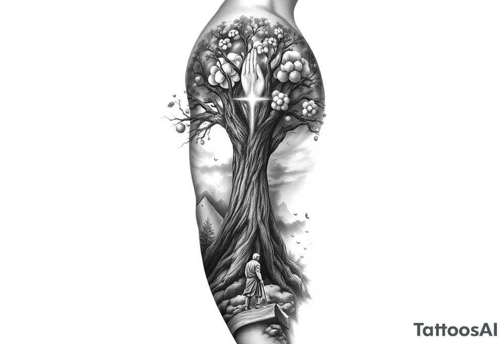 A highly detailed black and grey realism tattoo sleeve design that tells a story of faith, family, and perseverance. A large, deeply rooted tree with strong branches represents family and growth. Within the bark of the tree, hidden images of hands clasped together and a father guiding a child can be seen. A distant cross glows subtly through a stormy sky, symbolizing divine guidance. A warrior stands at the base of the tree, looking toward the cross, representing endurance through hardship. The design blends realism and abstract elements, with deep shadows at the base fading into light near the shoulder. tattoo idea