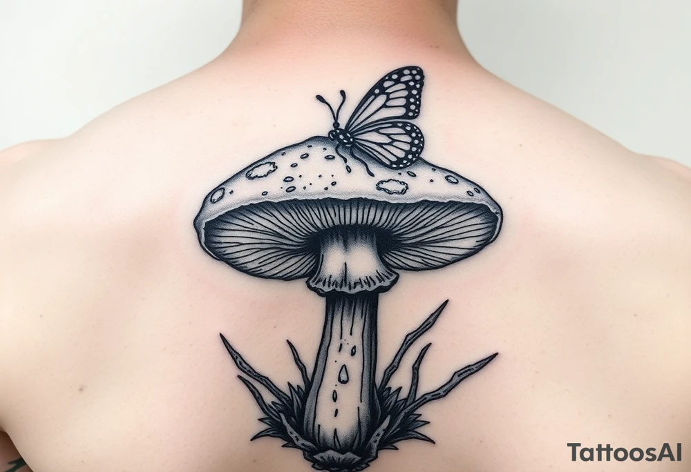 mushroom with butterlys above it tattoo idea