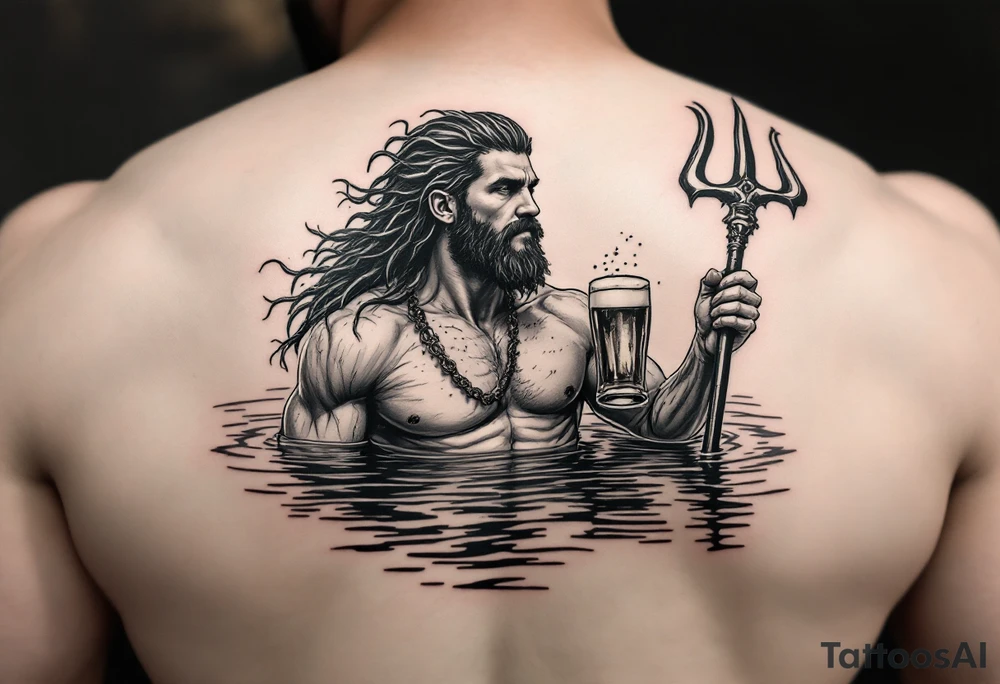 young, fit poseidon in calm water, holding a trident, drinking a beer, with a barefoot on his bicep tattoo idea