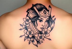 Samurai Asian face
 with a fan across her face with cherry blossom with wind tattoo idea