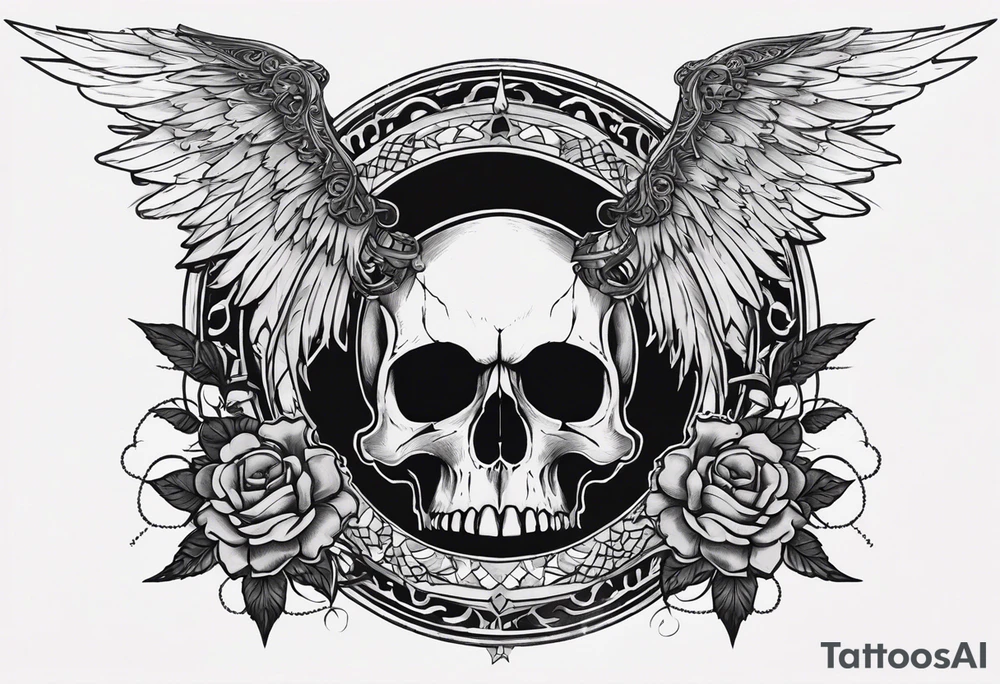 In the center is a skull pierced by a large sword. On either side of the skull, there are spread angel wings, creating an impression of protection and majesty. Beneath the skull is a ribbon that weaves through both the skull and the sword, imparting unity and linking all the elements together. tattoo idea