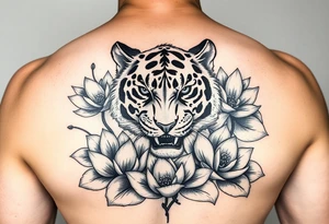 fierce tiger emerging through blooming lotus flowers in mist tattoo idea