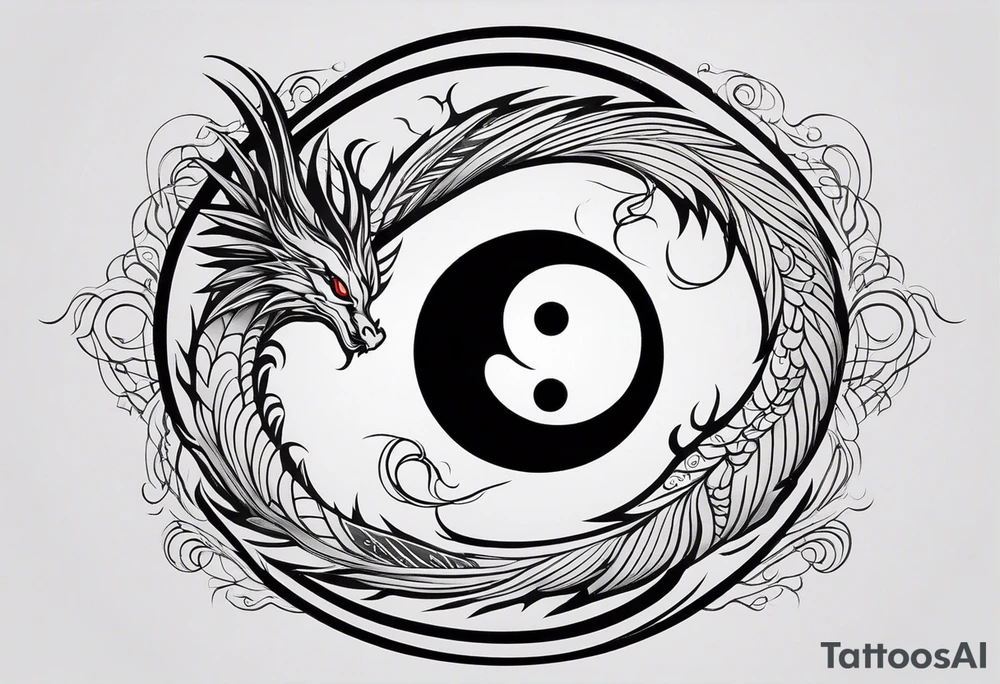For a Gen Z-inspired dragon and phoenix tattoo, think of a clean, minimalist design that combines symbolism with bold, sleek lines. Imagine a dragon and phoenix spiraling together in a yin-yang-inspired layout. The dragon has a slightly abstract, modern shape, with sharp, flowing lines to show power, resilience, and wisdom, while the phoenix is rendered with sweeping curves and minimal detailing, symbolizing rebirth, growth, and transformation.

Both creatures should interact in a harmonious way, representing balance and duality. To keep it meaningful, focus on line work rather than intricate shading—clear, open spaces allow the tattoo to feel light and energetic. Adding small symbols, like stars or a faint galaxy backdrop, can enhance the "rising from ashes" and "strength through challenge" themes. This design will have a timeless appeal while resonating with Gen Z’s love for symbolism and simplicity. tattoo idea