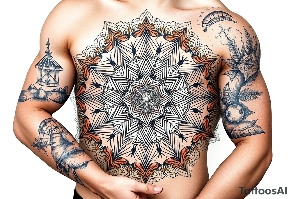 intricate mandala with sacred geometry and cosmic elements with honey combs filling in blank space tattoo idea