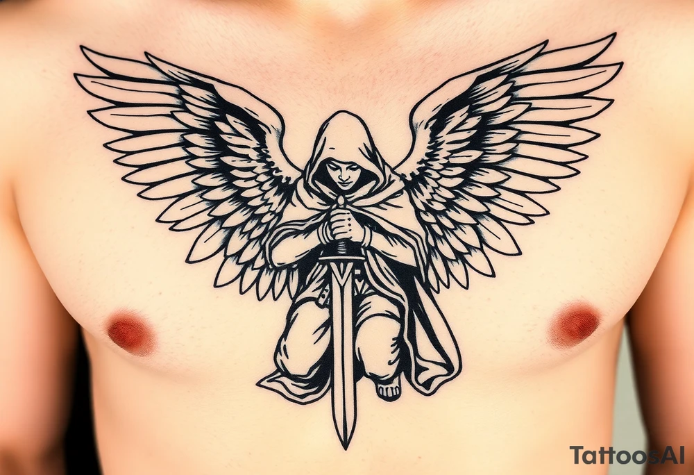 Warrior Angel with long sword  kneeling looking down cloak over head wings
 spread tattoo idea