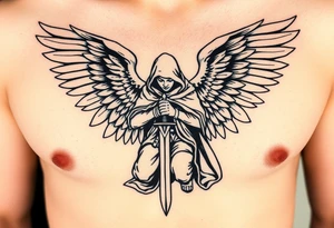 Warrior Angel with long sword  kneeling looking down cloak over head wings
 spread tattoo idea