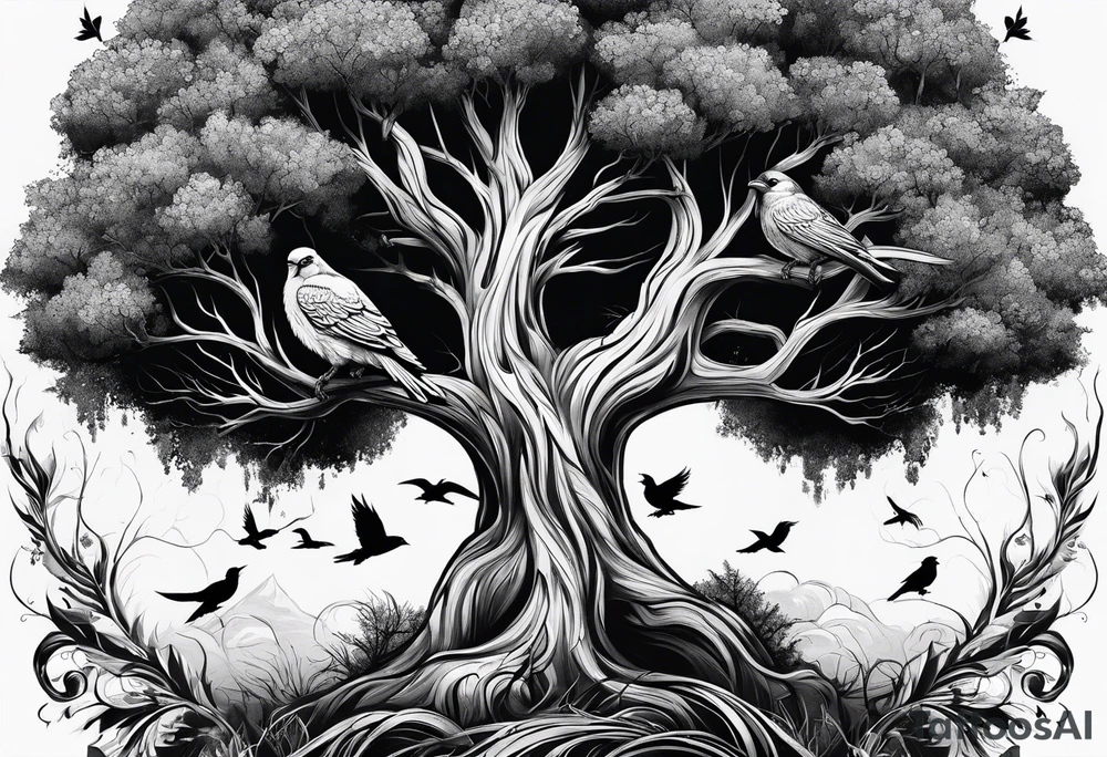 poison tree, strong, tall, birds, no leaves tattoo idea