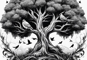 poison tree, strong, tall, birds, no leaves tattoo idea