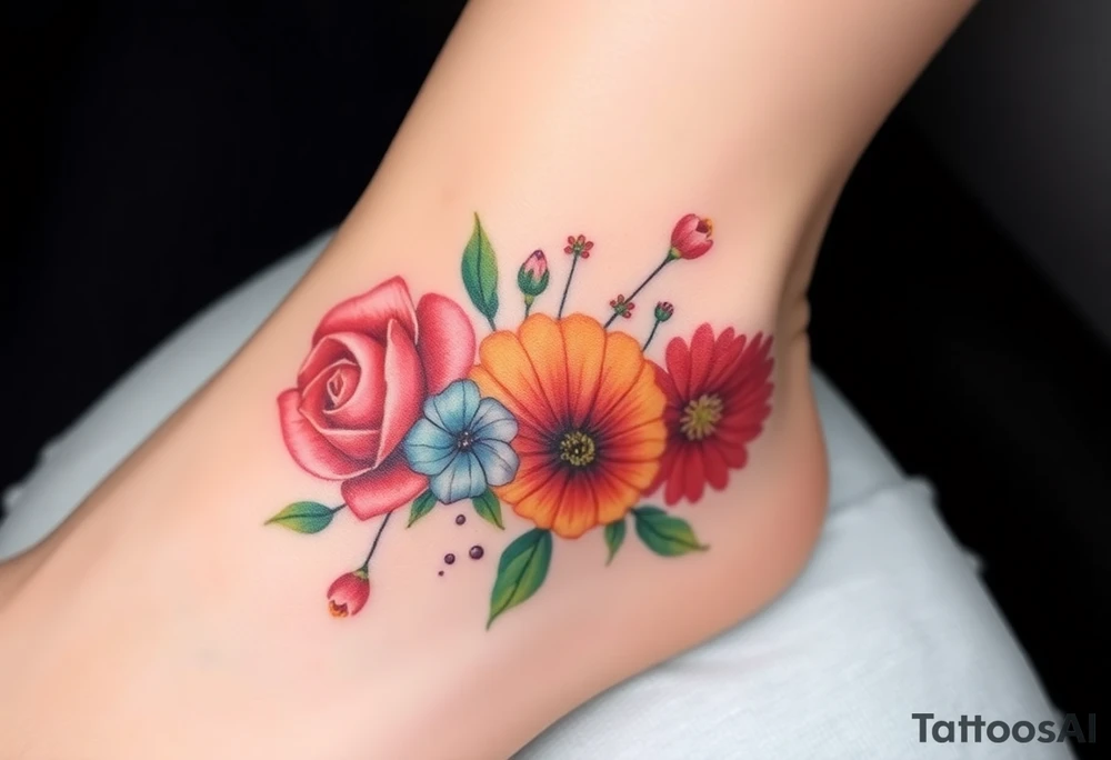 a colorful, vibrant, watercolor tattoo with one rose, one lily, one marigold, and one cosmos flower and with splashes of color tattoo idea