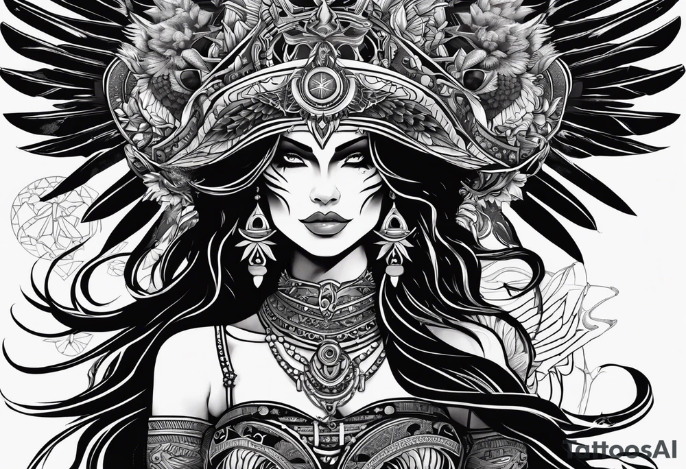 black kali, goddess pirate, alien, pachamama, valkrye, warrior, skull, lotus azul, wing, eagle, zenza resonance, stars, 5D tattoo idea