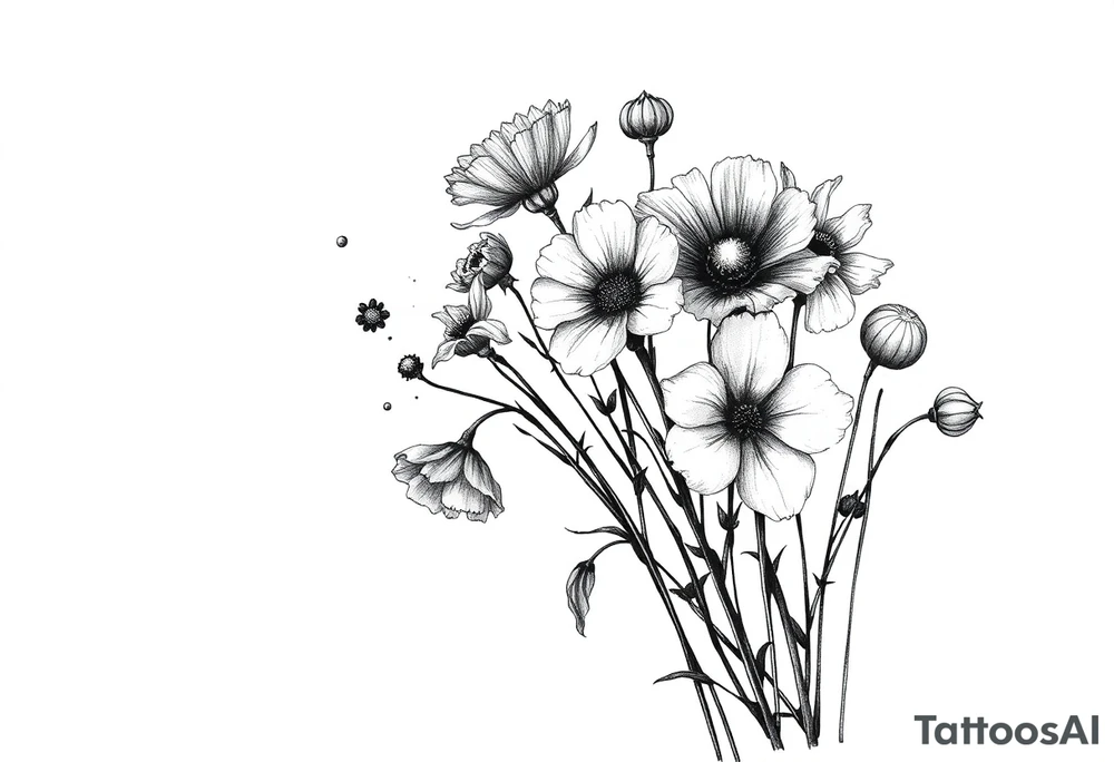 A cluster of wildflowers, with solid black shadows at the base and lighter stippling toward the petals. Some flowers in full bloom while some flowers dying, with petals dropping and falling, symbolizing the passage of time. tattoo idea