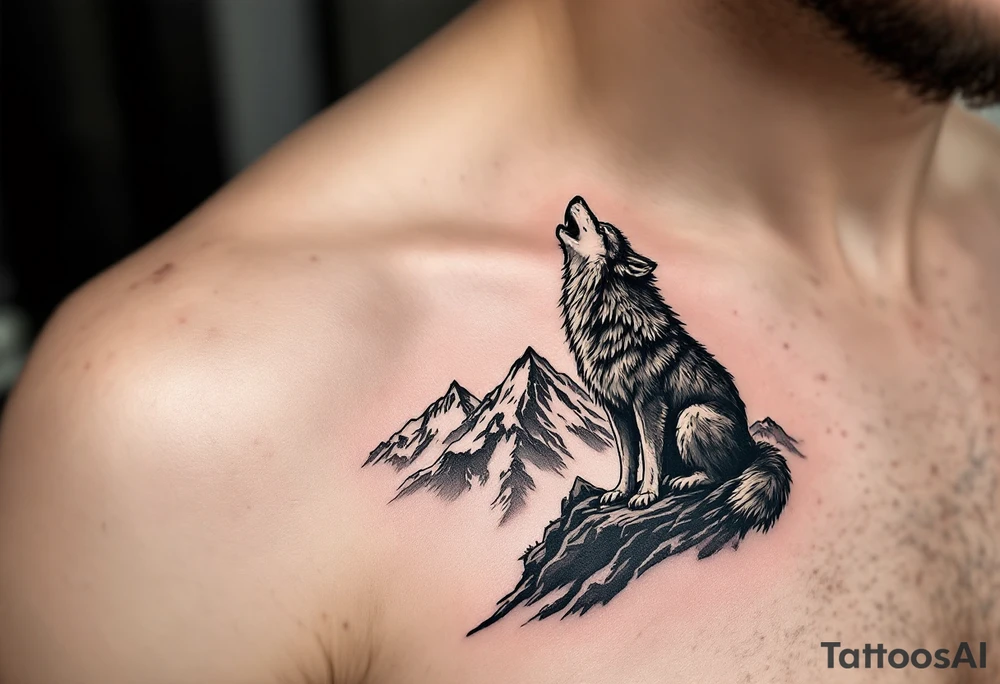 wolf on mountain howling at moon tattoo idea