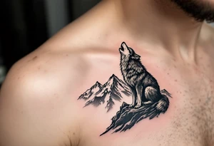 wolf on mountain howling at moon tattoo idea