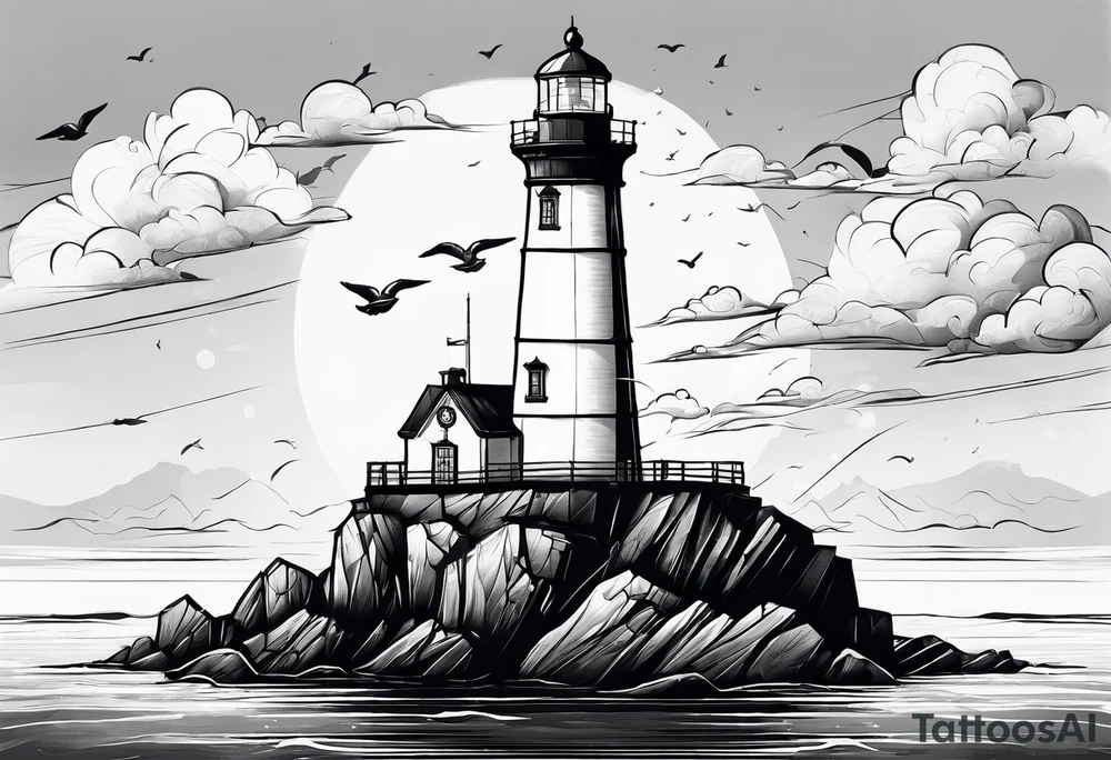 maritime lighthouse partially hidden by its  large fixed sails. tattoo idea