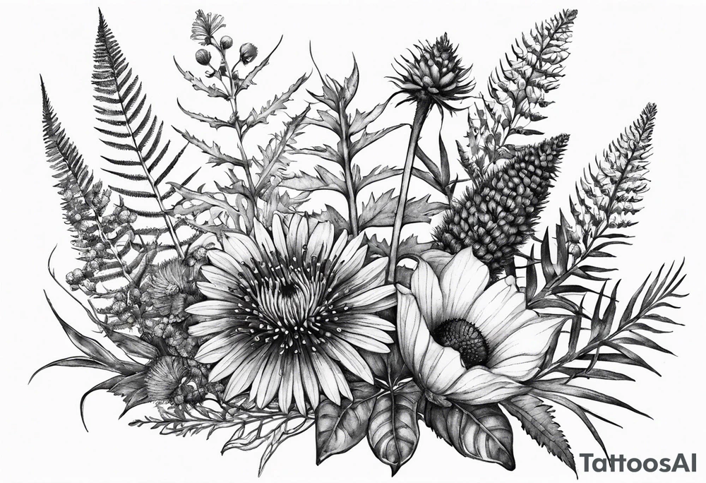 small vertical mixed wildflower bouquet with ferns, thistle and with watercolor tattoo idea