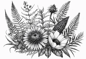 small vertical mixed wildflower bouquet with ferns, thistle and with watercolor tattoo idea