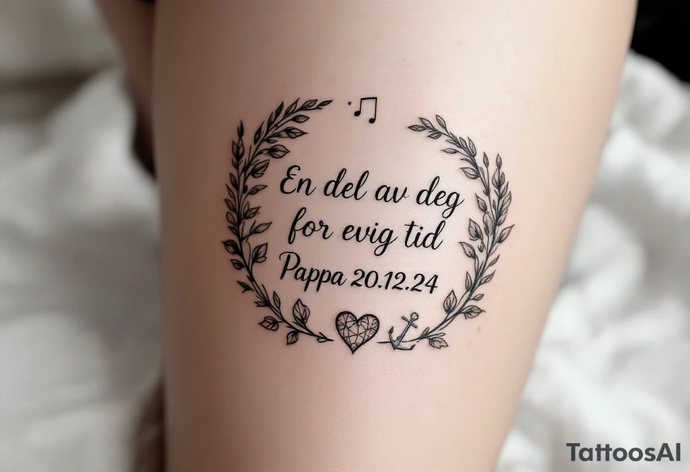 «En del av deg for evig tid
Pappa 20.12.24» Surrounded by long gladiolus, hearts, notes and an anchor tattoo idea