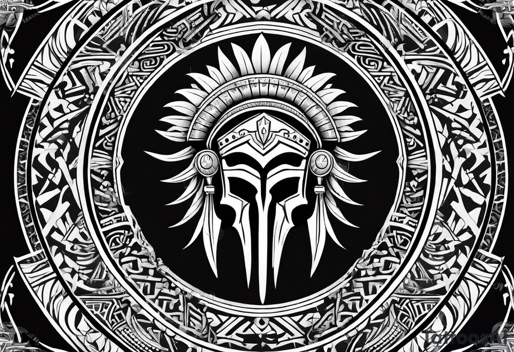 greek spartan shield surrounded by tribal pattern tattoo idea