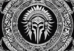 greek spartan shield surrounded by tribal pattern tattoo idea