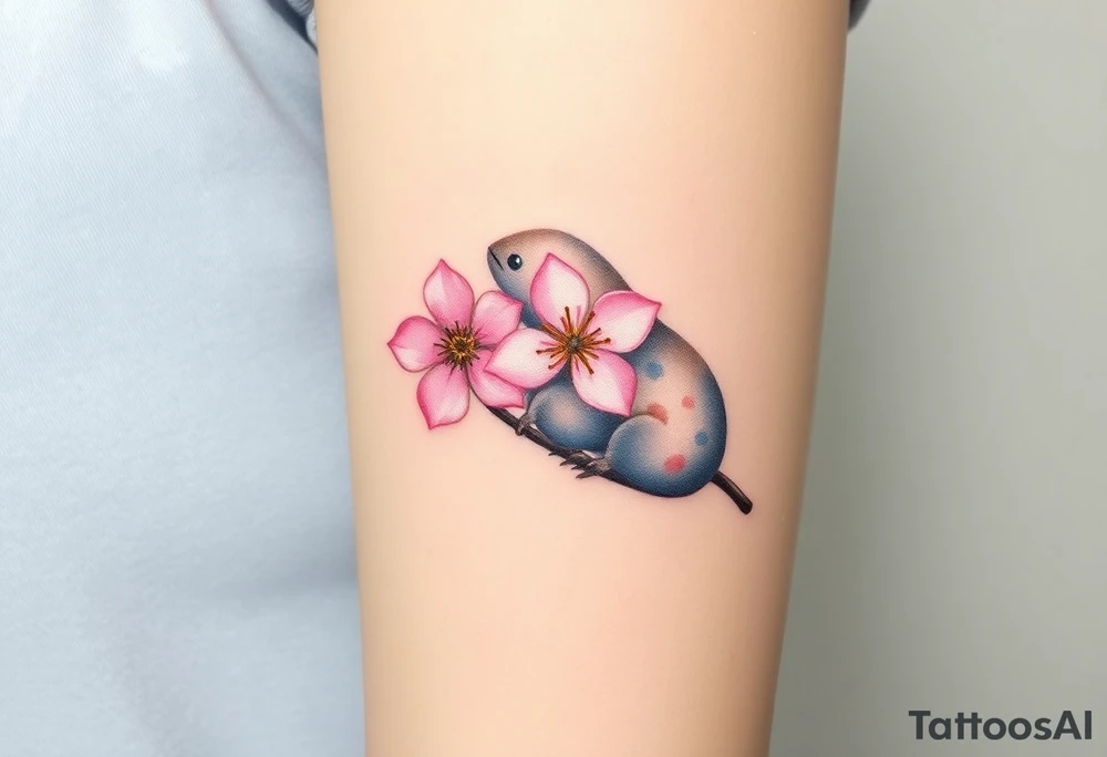 A soft watercolor-style mole holding a delicate pink cherry blossom, with gentle pastel tones and a dreamy aesthetic tattoo idea