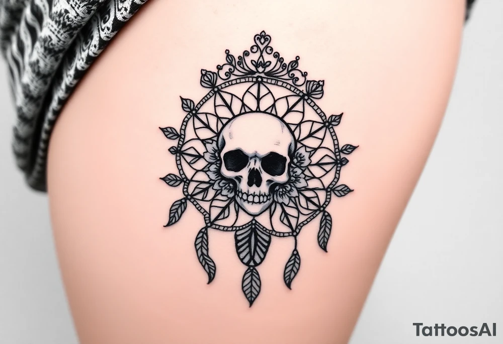 Mandala dream catcher lace with delicate skull and flowers wearing elegant crown tattoo idea