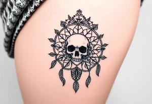Mandala dream catcher lace with delicate skull and flowers wearing elegant crown tattoo idea