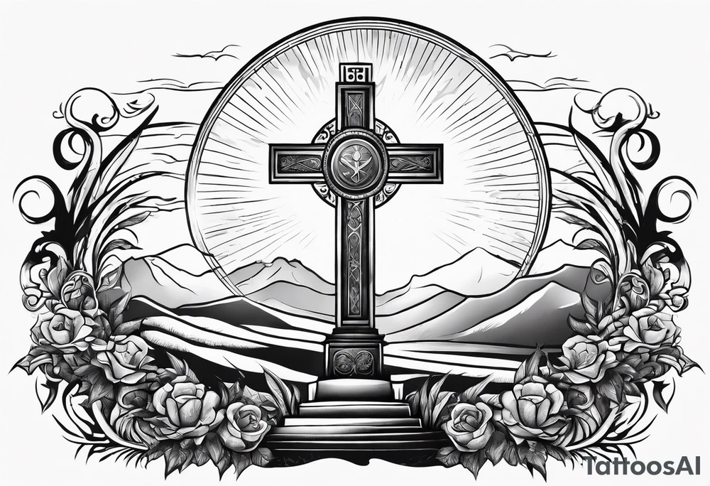 Tomb with cross and sun in the background tattoo idea